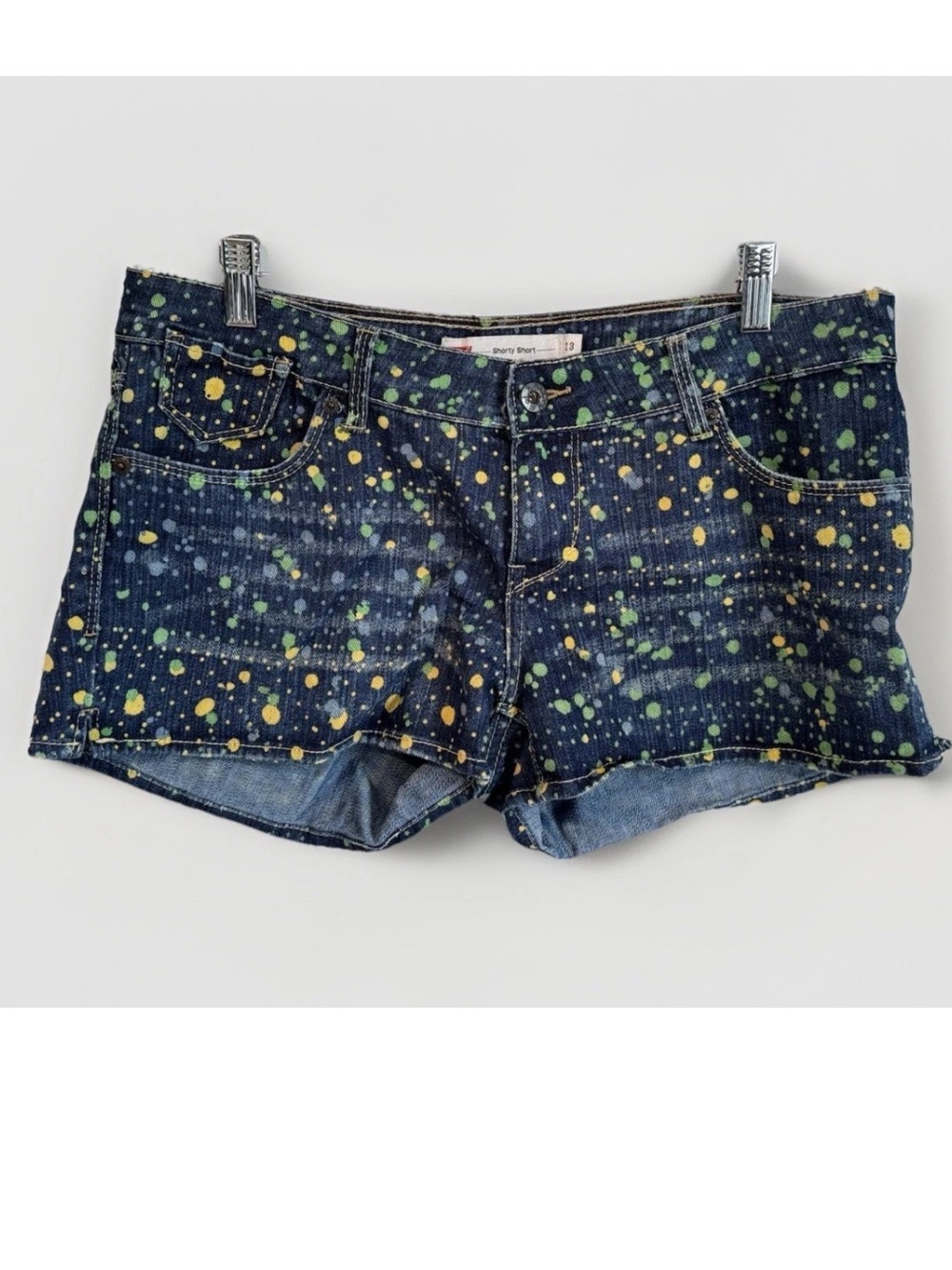 Levi’s 90s 2000s Women’s Denim Shorty Shorts Yellow & Green Paint-Splatter SZ 13